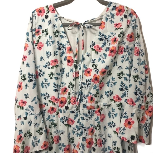 Loft Floral Tie Back Bell Sleeve Blue Breeze Mini Dress - Picture 6 of 11